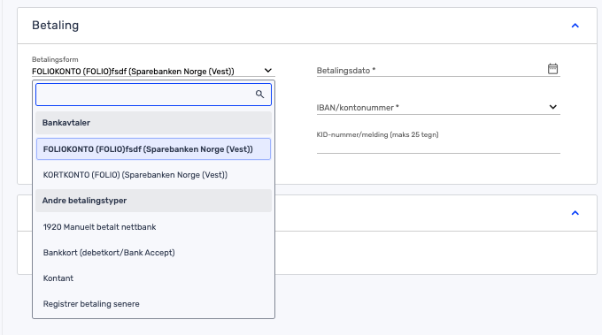 Online betalingsskjema på norsk med nedtrekksmeny for valg av konto, felt for IBAN- og KID-nummer og alternativer for ulike betalingstyper.