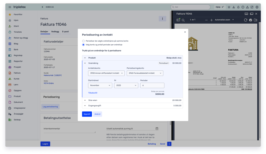 Et grensesnitt for økonomiprogramvare viser en faktura og et popup-vindu for inntektsperiodisering, med produktdetaljer og valg av periode.