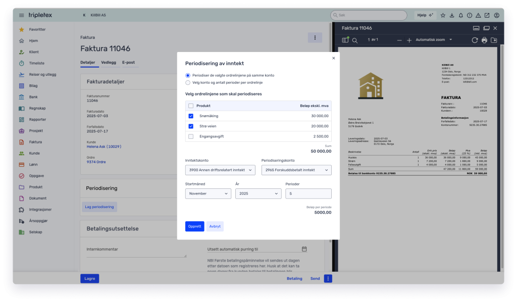 Et programvaregrensesnitt viser en fakturadetaljside med et popup-vindu for inntektsfordeling, som viser alternativer for produkter, beløp og periodeinnstillinger. En forhåndsvisning av fakturaen vises til høyre.