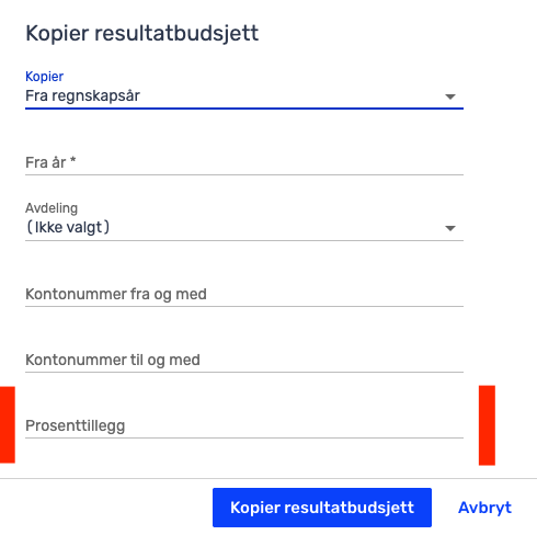Et skjema med tittelen "Kopier resultatbudsjett" med felt for regnskapsår, avdeling, kontonummer og prosenttillegg, samt knapper for å kopiere eller kansellere.