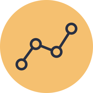 En svart linjediagram med fire sammenhengende datapunkter inne i en heldekkende guloransje sirkel på hvit bakgrunn.
