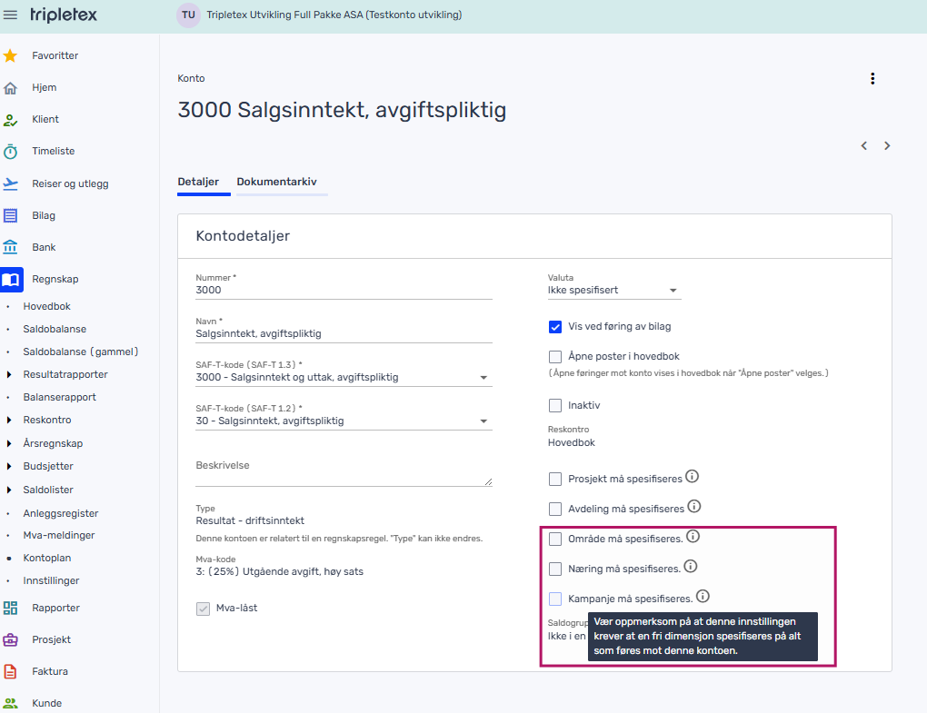 Et skjermbilde i brukergrensesnittet viser innstillinger for kontodetaljer i Tripletex for konto "3000 Salgsinntekt, avgiftspliktig" med alternativet "Kampanje må spesifiseres" uthevet.