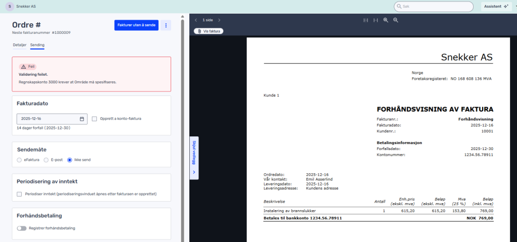 Et digitalt dashbord viser en ordrefeil for mer enn to timers arbeid; til høyre vises en forhåndsvisning av en faktura fra Snekker AS.