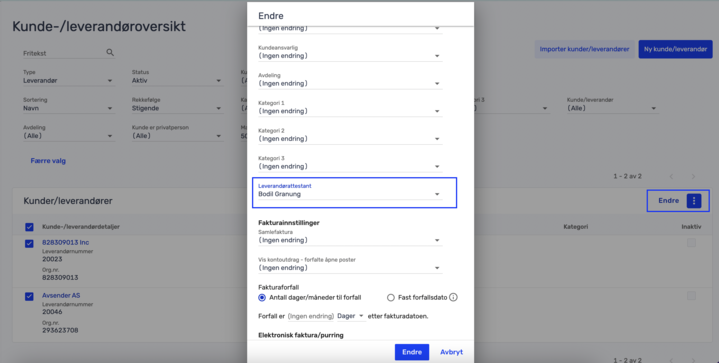 Skjermbilde av et grensesnitt for kunde-/leverandøroversikt som viser filter- og redigeringsalternativer, med "Leverandøransatt Bodil Gransvang" valgt i en rullegardinmeny og en "Endre"-knapp uthevet.