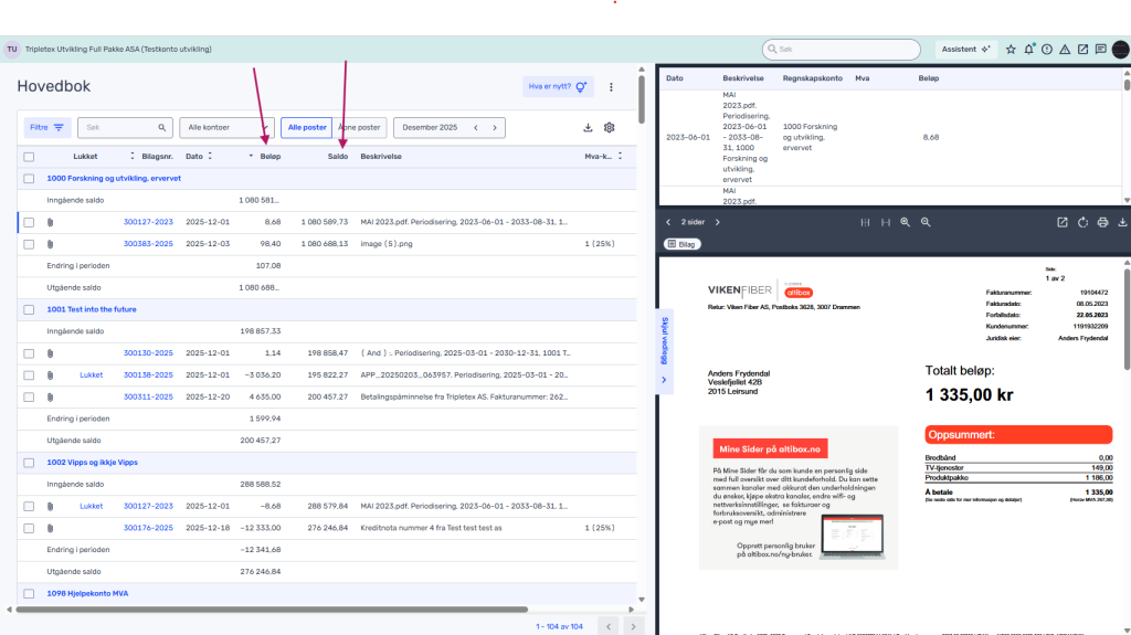 Skjermbilde av et økonomistyringsprogram som viser en liste over transaksjoner til venstre og en detaljert faktura på totalt 1 335,00 kr til høyre.