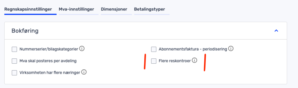 Skjermbilde av et norsk regnskapsprogram som viser alternativer for bokføringsinnstillinger, inkludert abonnementsfakturaer og kontokategorisering.