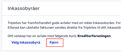 En seksjon på nettsiden om inkassobyråer med muligheter for å velge et byrå eller fjerne et eksisterende, markert med knappen "Fjern".