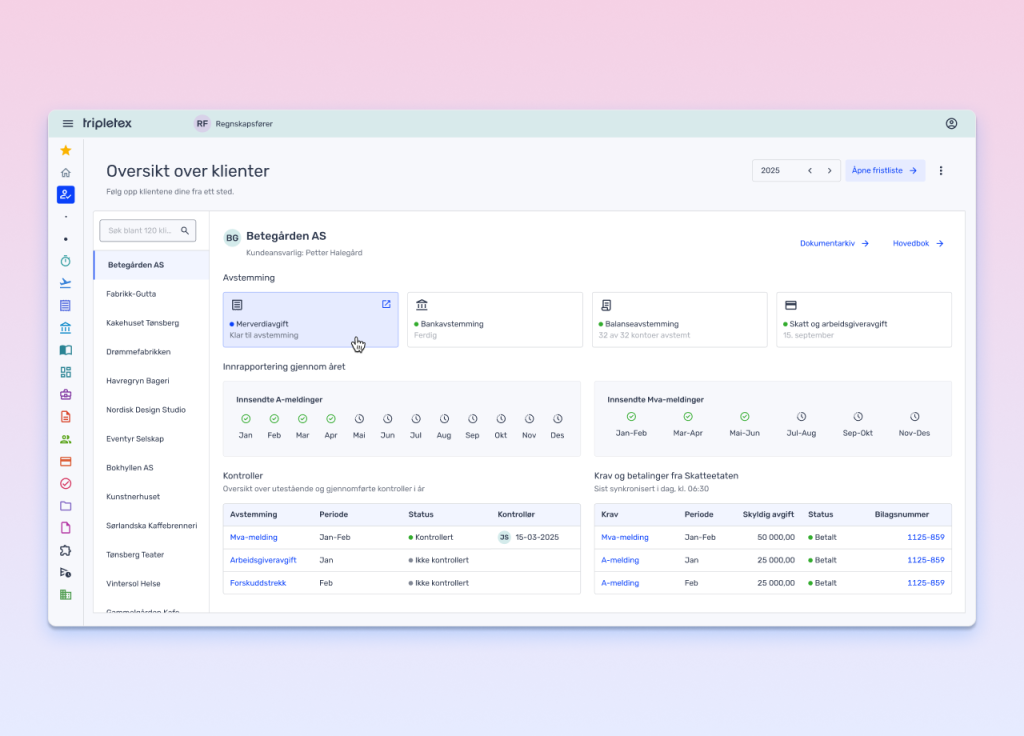 Dashboard-grensesnitt som viser en oversikt over kunder, med navigasjonsmeny til venstre og detaljert kundeinformasjon i hoveddelen. Teksten er på norsk.