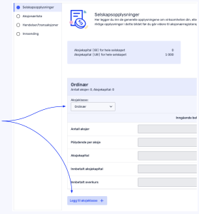 Et norsk webskjema for selskapsinformasjon med seksjoner for aksjeklasser og kapital, med aktive felt for å legge inn aksjeopplysninger og en knapp merket "Legg til aksjeklasse".
