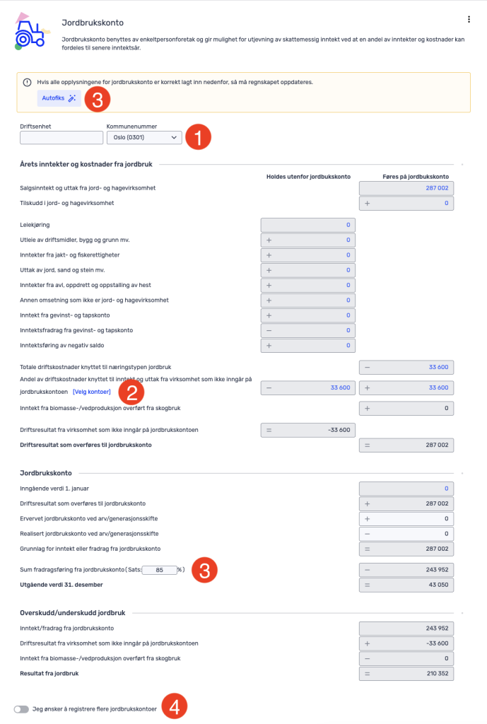 Et webskjema for innlegging av kontodata for landbruket, inkludert felter for inntekter, utgifter og lønnsomhet, med nummererte trinn og blå uthevede bokser for brukerinnlegging.