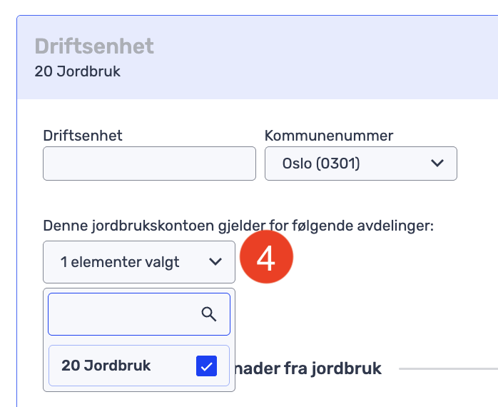 Et skjemagrensesnitt for "Driftsenhet" med Oslo (0301) valgt som "Kommunenummer" og "20 Jordbruk" valgt fra en nedtrekksmeny for aktuelle kontoer.