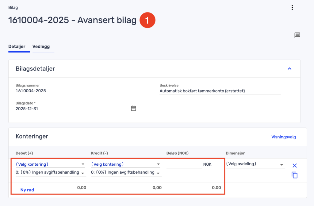 Et digitalt finansdokumentskjema på norsk viser felter for transaksjonsdetaljer, inkludert debet, kredit, beløp og avdelingsvalg. Konteringer-delen er uthevet.