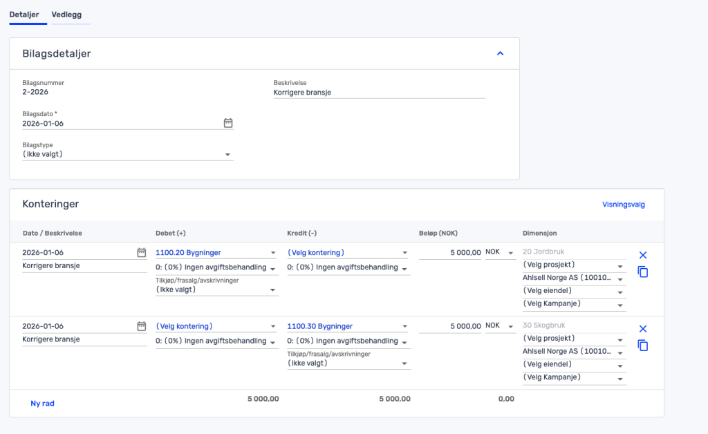 Et skjermbilde av en regnskapsside som viser bilagsdetaljer og -oppføringer, inkludert datoer, kontoer, beskrivelser og pengebeløp.