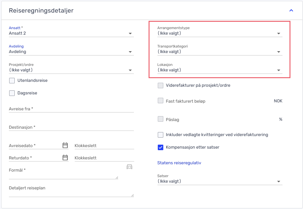 Et digitalt skjema med tittelen "Reiseregningsdetaljer" med flere nedtrekksfelt og avkrysningsbokser for å legge inn reiseregningsdetaljer. En seksjon for arrangementstype, transport og sted er uthevet.