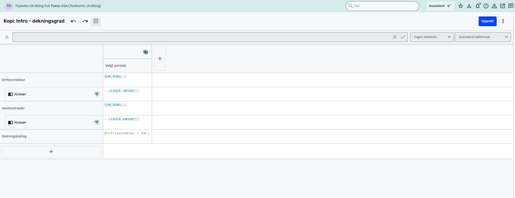 Et digitalt økonomisk dashbord viser tabeller med kolonner merket Driftomkostninger, Varekøb/varer og Driftsomkostninger, som viser pengebeløp og utvidbare seksjoner.