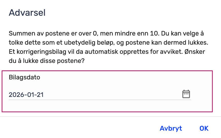 En norsk advarsel om avslutning av regnskapsposteringer med et datofelt satt til 2026-01-21 og alternativer for å avbryte eller bekrefte.