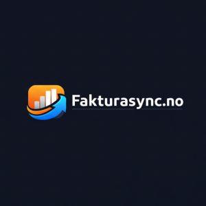 Logo for Fakturasync.no med et stilisert søylediagram inne i en oransje firkant med en blå pil, sammen med nettstedets navn i fet hvit tekst på mørk bakgrunn.