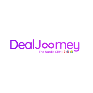 DealJourney-logo i lilla tekst med et uendelighetssymbol i stedet for "u"; tagline lyder "The Nordic CRM" med danske, norske og svenske flagg under.