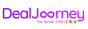 DealJourney-logo i lilla tekst med et uendelighetssymbol i stedet for "u"; tagline lyder "The Nordic CRM" med danske, norske og svenske flagg under.