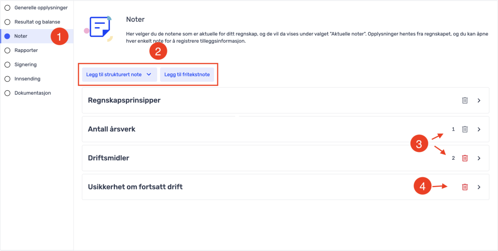 Et norsk økonomiprogram med mulighet for å legge til strukturerte notater eller tekstnotater, og en liste over kategorier av finansnotater med utvidbare seksjoner.