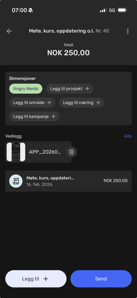 Skjermbilde av en mobil utgiftsrapport-app som viser en totalsum på 250,00 kroner for et møte den 16. februar 2026, med tagger og en vedlagt kvitteringsfil.