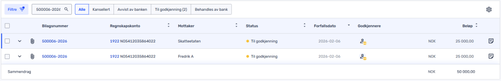 En tabell som viser to finanstransaksjoner med kolonner for lånenummer, registreringsnummer, mottaker, status, forfallsdato, varsel og beløp, hver på 25 000,00 NOK.