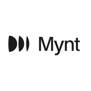 Bildet viser Mynt-logoen, med tre svarte, buede former til venstre og ordet "Mynt" i svart sans-serif-font på hvit bakgrunn.