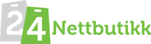 Logo med to overlappende prislapper som viser tallene 2 og 4, ved siden av den grønne teksten "Nettbutikk" på en gjennomsiktig bakgrunn.