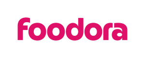Bildet viser ordet "foodora" i fete, rosa små bokstaver på en hvit bakgrunn.