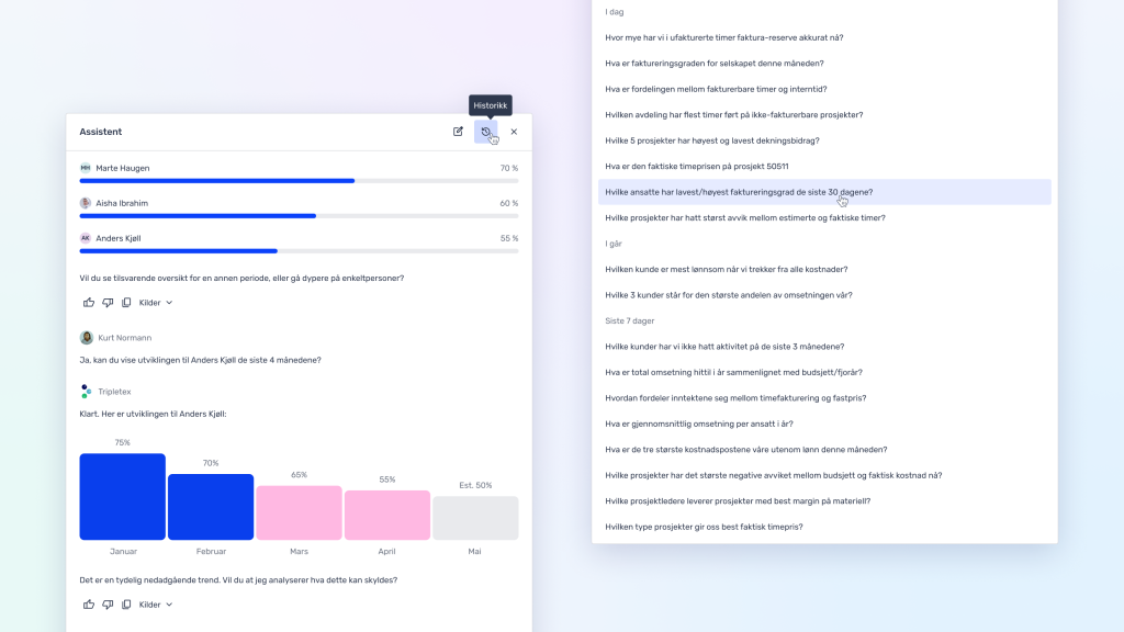 Et dashbord viser resultatene av undersøkelsen med søyle- og kakediagrammer til venstre og en liste over spørsmål eller kommentarer på norsk på høyre side av skjermen.