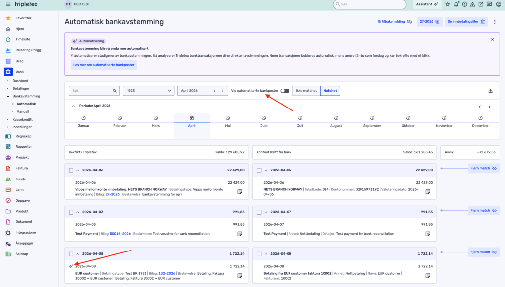 Skjermbilde av et finansielt dashbord som viser automatisk bankavstemming for april 2023, med transaksjoner listet opp og alternativer for å velge perioder eller vise avstemte transaksjoner.