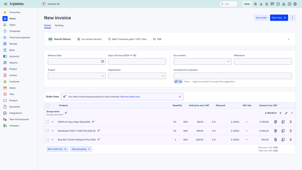 Skjerm for oppretting av fakturaer i et regnskapsprogram, med kundeinformasjon, bestillingsdetaljer med produktliste, antall, priser og navigasjonsknapper.