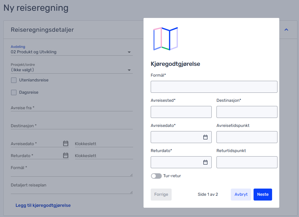 Et digitalt skjema på norsk med tittelen "Kjøregodtgjørelse" med felt for reisedetaljer, inkludert formål, avreise og destinasjon, og navigasjonsknapper nederst.