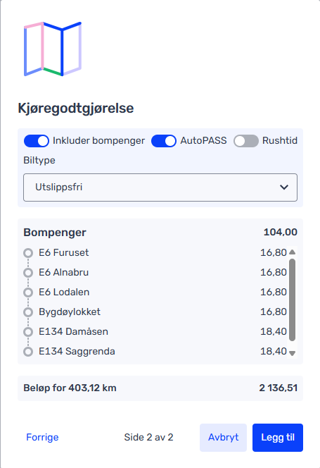 Et digitalt grensesnitt viser bompengekostnadene for en kjøretur på 403,12 km, med alternativer for utslippsfrie kjøretøy og inkludering av bompenger. Prisene for de enkelte bomstasjonene er spesifisert.