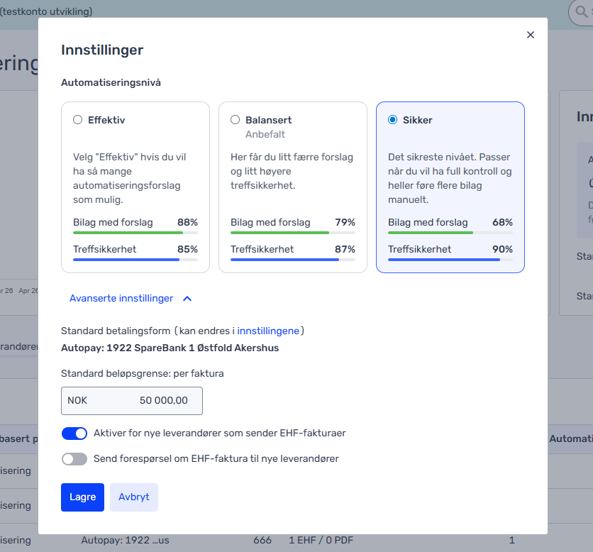 Innstillingsvindu for automatiseringsnivåer med tre alternativer: Effektiv, Balansert og Sikker (valgt). Inkluderer alternativer for fakturahåndtering og knapper for å lagre eller avbryte endringer.
