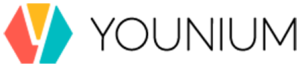 Younium-logoen består av et geometrisk, flerfarget sekskantsymbol til venstre for ordet "YOUNIUM" i svarte store bokstaver.