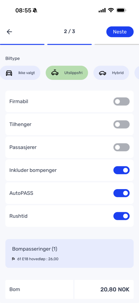 En mobilapp-skjerm viser betalingsalternativer for ulike kjøretøytyper, med valgmuligheter for funksjoner som AutoPASS og rushtid, og en samlet bompengeavgift på 20,80 NOK.