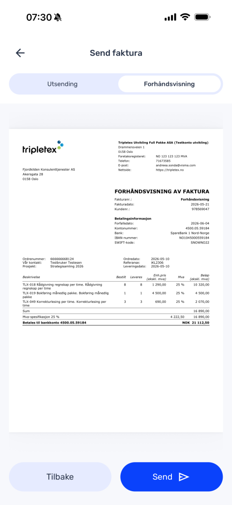 Skjermbilde av et grensesnitt i en mobilapp som viser en forhåndsvisning av en faktura fra Tripletex, med muligheter for å gå tilbake, sende og bytte mellom fanene "Utsending" og "Forhåndsvisning".