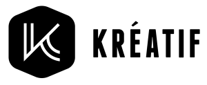 Svart sekskantet logo med stilisert "K" til venstre og ordet "KRÉATIF" i store, fete bokstaver til høyre.