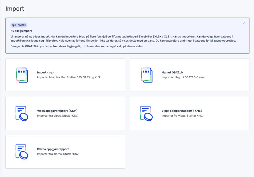 En skjerm i dashbordet med tittelen «Import» som viser alternativer for å importere eller generere rapporter fra filer, blant annet i formatene CSV, XLS, XLSX, GBAT10, Vipps og Klarna.