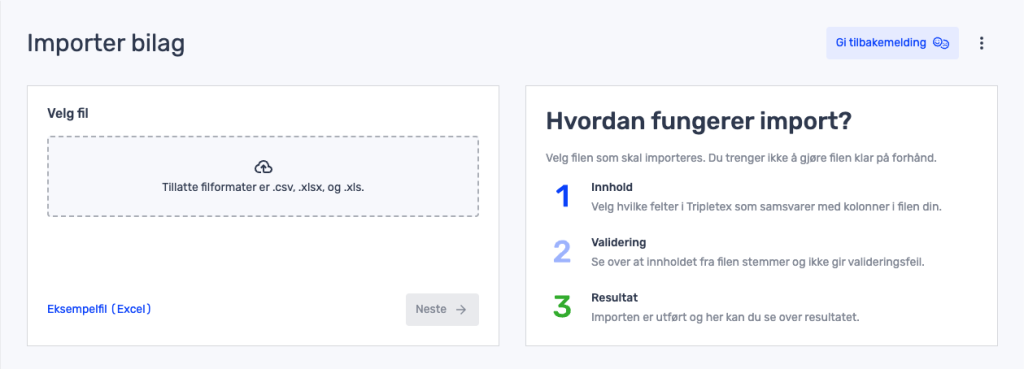 Skjermbilde av en importside med alternativer for å laste opp .csv-, .xlsx- eller .xls-filer, samt en trinnvis veiledning som forklarer importprosessen: innhold, validering og resultat.