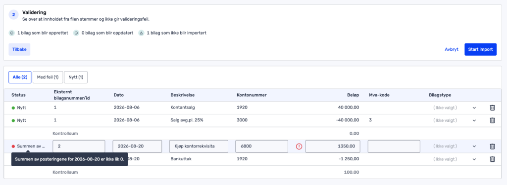 Et valideringsvindu viser importerte faktureringsposter, med rader for konto, beløp, MVA-kode og en feilmelding om summen. Knappene for import og navigering finnes øverst.