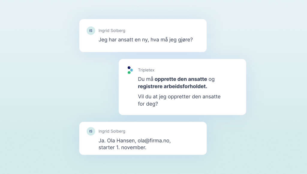 En chat-samtale mellom Ingrid Solberg og Tripletex om registrering av en ny ansatt ved navn Ola Hansen.